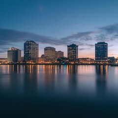 Obraz premium Modern cityscape skyline reflected in calm water at dusk with dramatic clouds and city lights