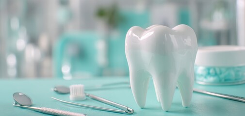 The tooth model on a dental tray with instruments and mint jar