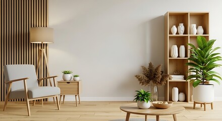 Modern Living Room Interior with Wooden Accents, Neutral Palette, and Natural Light