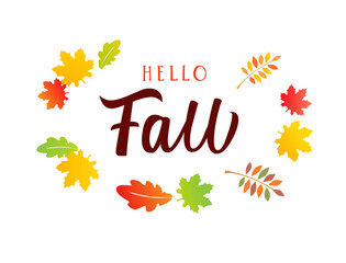 Hello Fall creative greetings. Social media poster. Wish card design with autumnal leaves