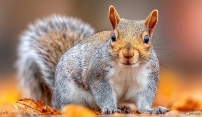 Obraz premium Close-up of a gray squirrel amidst autumn leaves