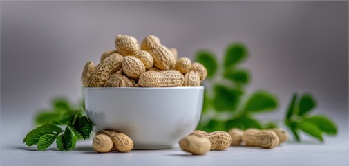 The Peanuts in a White Bowl with Green Leaves on a Rustic Tabletop