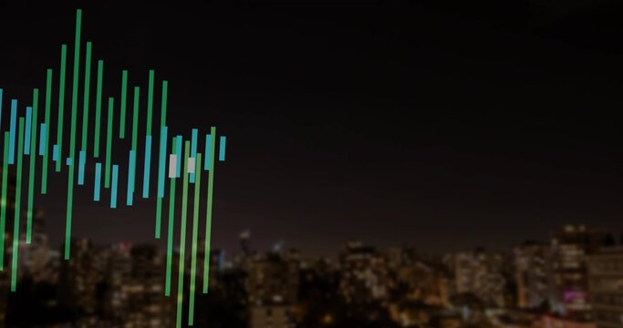 Displaying colored vertical bars forming audio equalizer over nighttime urban skyline, copy space