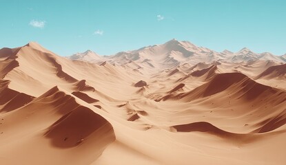 Vast desert landscape with dunes and mountains.  A serene vista of pale orange sand dunes sloping gently towards a backdrop of light beige-tan mountains, rising against a pale, 