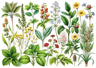 A colorful watercolor painting featuring a variety of herbs and plants isolated on white background in a botanical illustration style