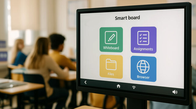 Smart board in modern classroom showing educational applications and tools symbolizing interactive learning digital teaching innovation and advanced academic technology concept