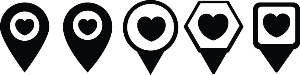 heart shaped map pin symbol representing location and love, set. heart map pointer symbol, black location pin symbol, Map marker pointer icons.
