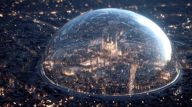 A digitally rendered city is encased in a shimmering dome of light, a tangible representation of the NIS2 Directive and Cyber Resilience Act. The dome acts as a protective shield.