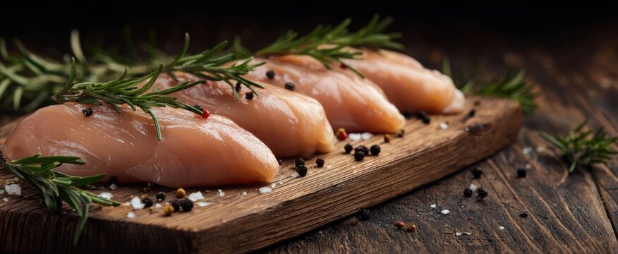 The chicken breasts on rustic wooden cutting board with rosemary and cracked peppercorns