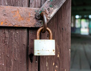 Rusty padlock on weathered wooden door