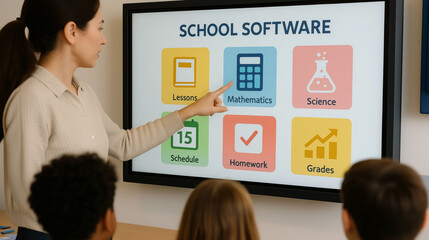 Teacher using school software on interactive display in classroom showing lessons mathematics science schedule homework and educational technology concept