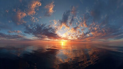 An immersive 360-degree panorama of a pristine ocean sunrise, with the fiery sun and ethereal clouds mirrored on the water's surface. This seamless HDRI environment map places the.