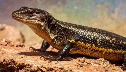 Fototapeta premium Close-up of a lizard with intricate patterns of black and gold scales resting on a reddish-brown rocky surface.