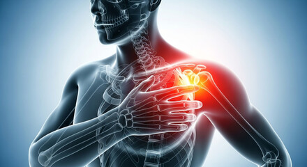 Experiencing severe shoulder pain and joint discomfort, highlighting inflammation and skeletal structure