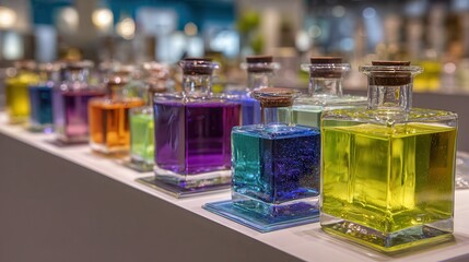 Colorful Glass Bottles and Specialty Chemicals in Cosmetics Exhibition.