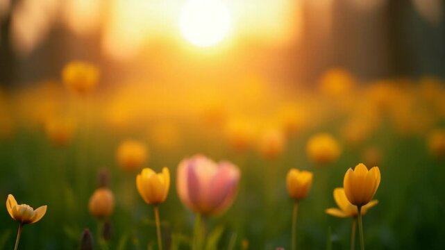 Spring meadow with flowers on sunset