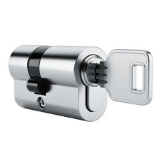 Close up view of a silver cylinder lock with key ready to be inserted and open transparent