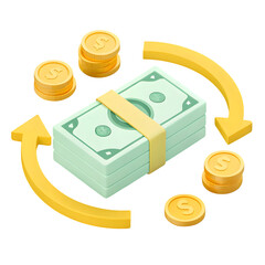 Stacked Bills and Coins with Arrows isolated on a transparent background