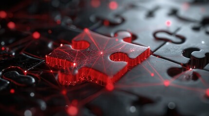 Futuristic Jigsaw Puzzle Symbolizing Network Security and Artificial Intelligence in Cyberpunk Design.