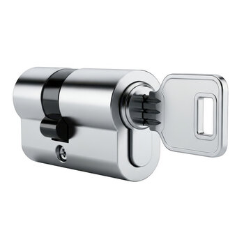 Close up view of a silver cylinder lock with key ready to be inserted and open transparent