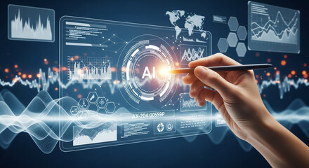 Hand interacts with futuristic AI interface displaying global data analytics and complex charts