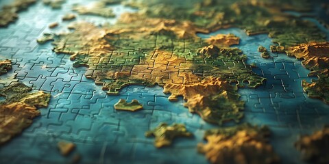 Close up of a world map puzzle showing continents and oceans detailed texture globe