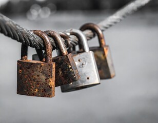 Rusty padlocks on a metal cable