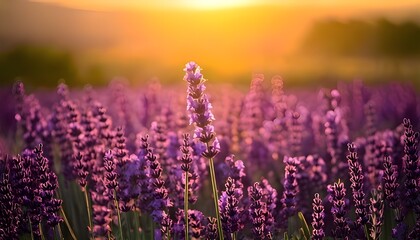 Naklejka premium Background landscape of lavender fields illuminated by sunset