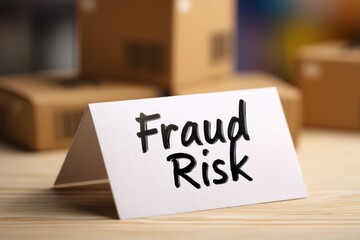 A sign reading "Fraud Risk" is displayed on a table, with cardboard shipping boxes blurred in the background