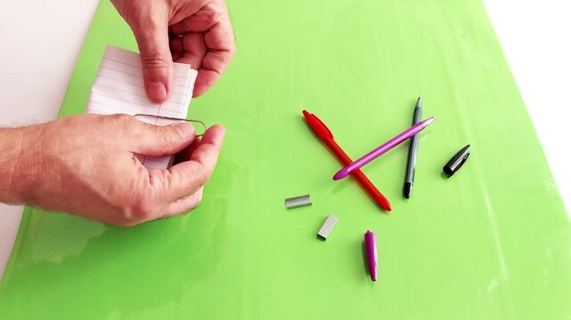 Clean desk scene with neutral-toned notepad, metal paperclip, and scattered pens. Minimalist setup with soft lighting, ideal for calm, focused workspace themes