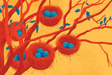 Fototapeta premium Vibrant stylized illustration of bird nests with blue eggs hanging from a red tree branch.