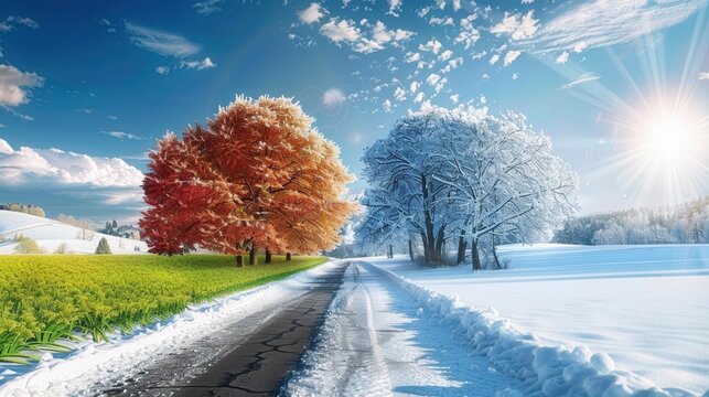 This stunning image captures the beautiful juxtaposition of autumn and winter on a sunny day.