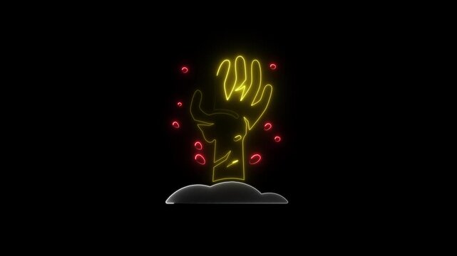 Glowing neon line zombie hand icon isolated on transparent background. Arm monster dead. Happy Halloween party. 4k Video Glowing Animation