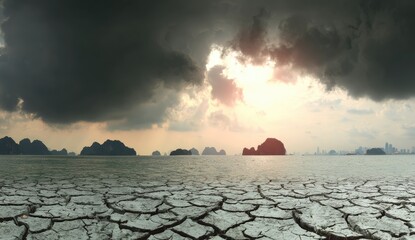 Dry cracked earth, dramatic sky with sun peeking through clouds, distant islands