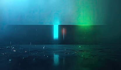 Futuristic, dark scene with glowing portal, rain, and reflections