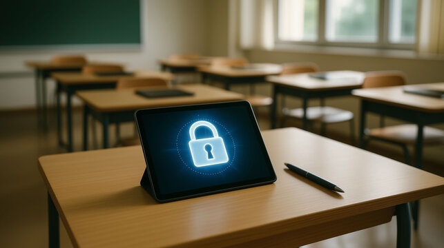 Digital tablet with security lock icon on classroom desk symbolizing online data protection cybersecurity privacy safety technology and secure learning environment concept