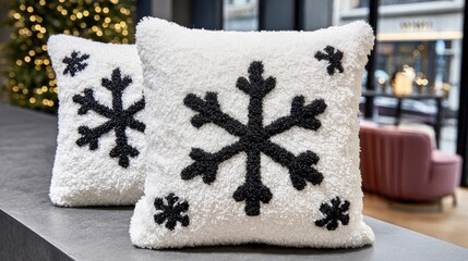 Two white sherpa throw pillows feature black snowflake designs