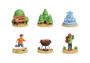 3d icon of outdoor leisure activities including park bench, trees, fountain, person running, barbecue, and photographer, isolated on transparent background
