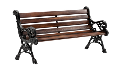 Park-style wooden bench, dark stained wood, with elegant cast iron legs, isolated on Transparent background,