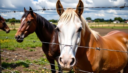 Fototapeta premium Three Horses Near Fenced Field