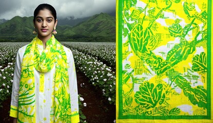 Woman wearing a bright yellow and lime green patterned scarf