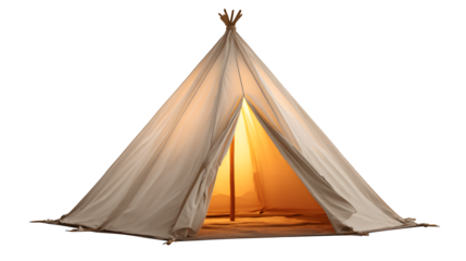 Simple canvas tipi tent, natural beige, with a warm glow from within, isolated on Transparent background,