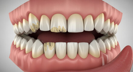 Obraz premium Unhealthy teeth showing plaque and decay, illustrating dental hygiene issues and oral care needs.