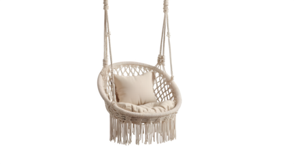 Simple hanging swing chair, macrame details, with a single cushion, isolated on Transparent background,