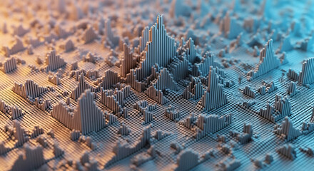 Abstract digital landscape of data blocks and city-like structures with warm and cool lighting