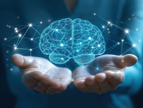 Person holding AI brain in hands with connections between fingers and brain symbolizing connection or communication for futuristic technology and neural network concept