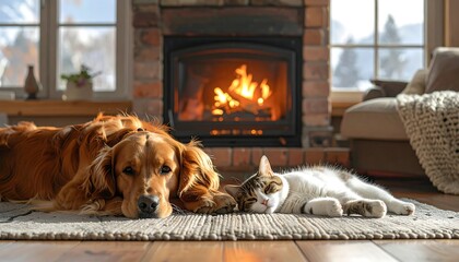 Plakat Cozy pets by fireplace