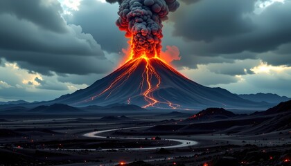Dramatic Volcanic Eruption Scene with Smoke and Debris