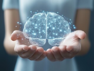 Human hands holding brain model with glowing connections on blue background featuring technology artificial intelligence concept for futuristic medical research healthy mind brain activity emphasis
