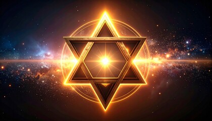 Cosmic Star of David: A Golden Symbol Encased in Nebula Light and Starry Dust